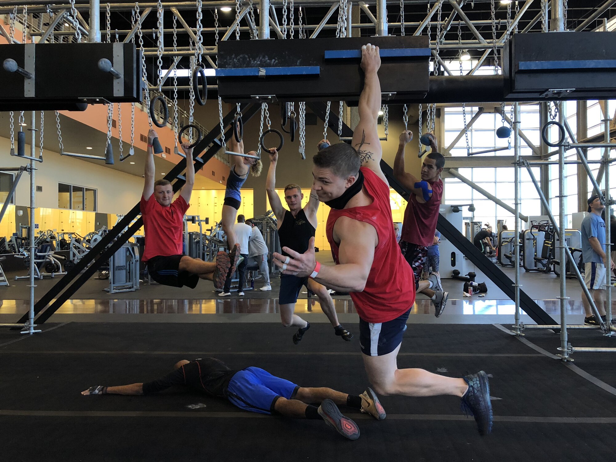 Members of Team Travis get a feel of the obstacles they'll face on the Battle Rig ahead of the Alpha Warrior competition, October 2017 at Nellis Air Force Base, Nev. Of the five Travis competitors who ran the course, only Senior Airman Thomas Jackson, 60th Maintenance Squadron precision measurement equipment laboratory technician, completed it.