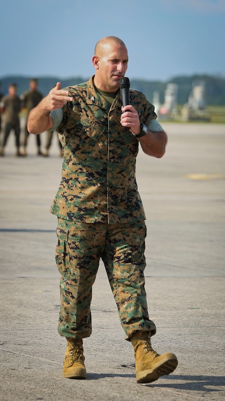 Col. Frank Latt addresses guests during a Relinquishment of Command Ceremony aboard Marine Corps Air Station Beaufort, Sept. 22. During the ceremony, Lt. Col. Michael P. Brennan relinquished command of “The Flying Leathernecks” and then cased the squadron colors for transport. The squadron will stand up aboard Marine Corps Air Station Yuma, Ariz. as an F-35B Lightning II Joint Strike Fighter squadron. Latt, is the commanding officer of Marine Aircraft Group 31, 2nd Marine Aviation Wing.