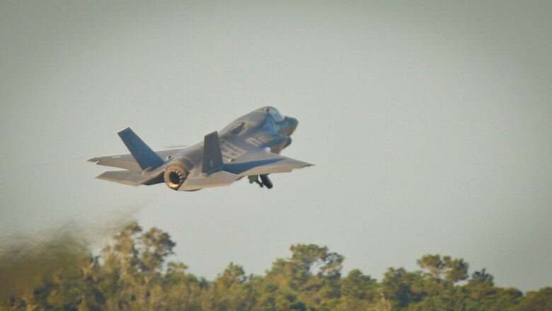 An F-35B Lightning II Joint Strike Fighter takes off from Marine Corps Air Station Beaufort, Nov. 6. The Airborne Tactical Advantage Company is training with Marine Fighter Attack Training Squadron 501 for the next two weeks to support new and transition pilots in their certification for the F-35B. The pilot is with VMFAT-501, Marine Aircraft Group 31.