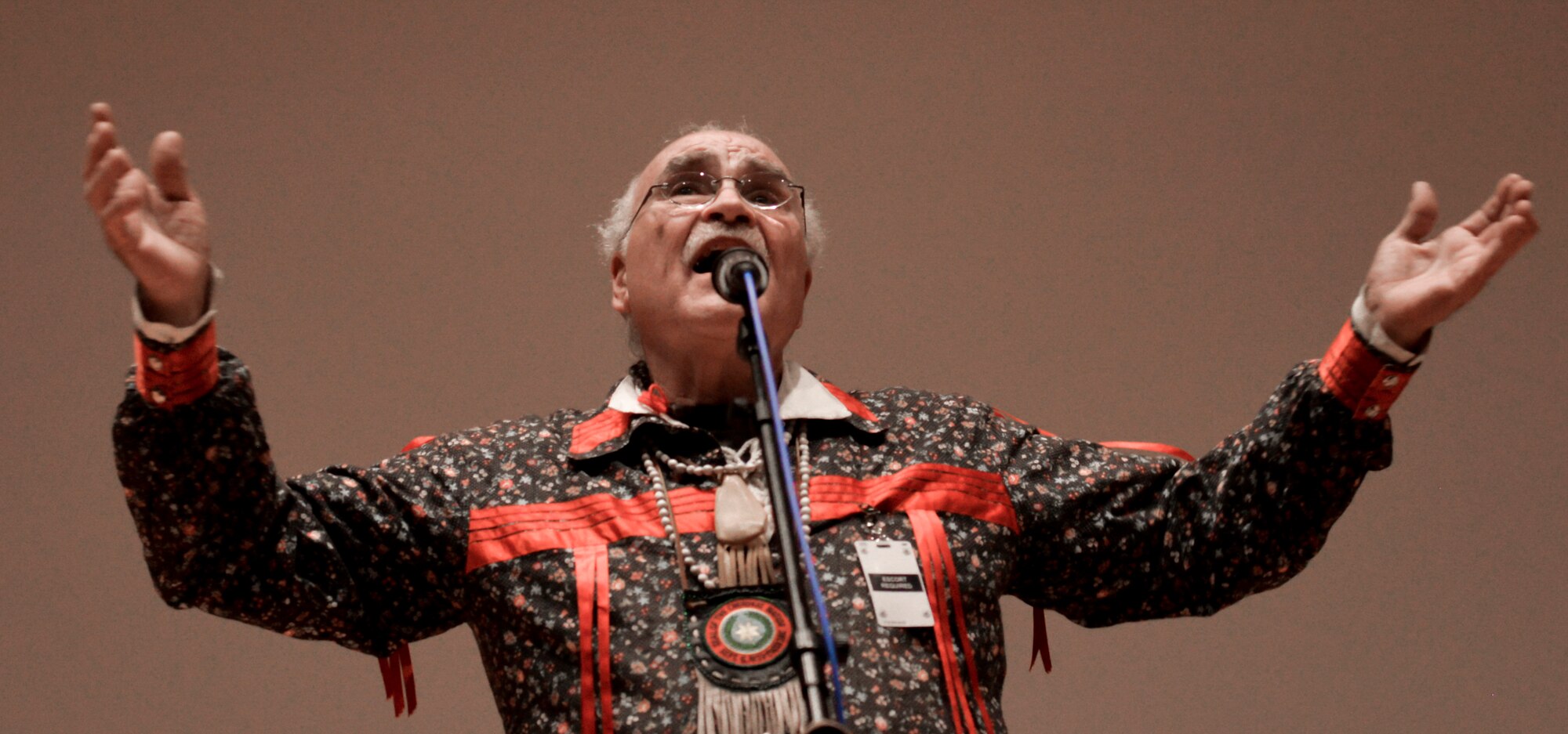 Raymond Two Crows Wallen, co-founder of the Native American music group Ga-Li, performs a song during the Native American Indian Heritage Month celebration here, Nov. 28, 2017. On Aug. 3, 1990, President of the United States George H. W. Bush declared the month of November as National American Indian Heritage Month, thereafter commonly referred to as Native American Heritage Month. (U.S. Air Force Senior Airman Samuel Earick/Released)