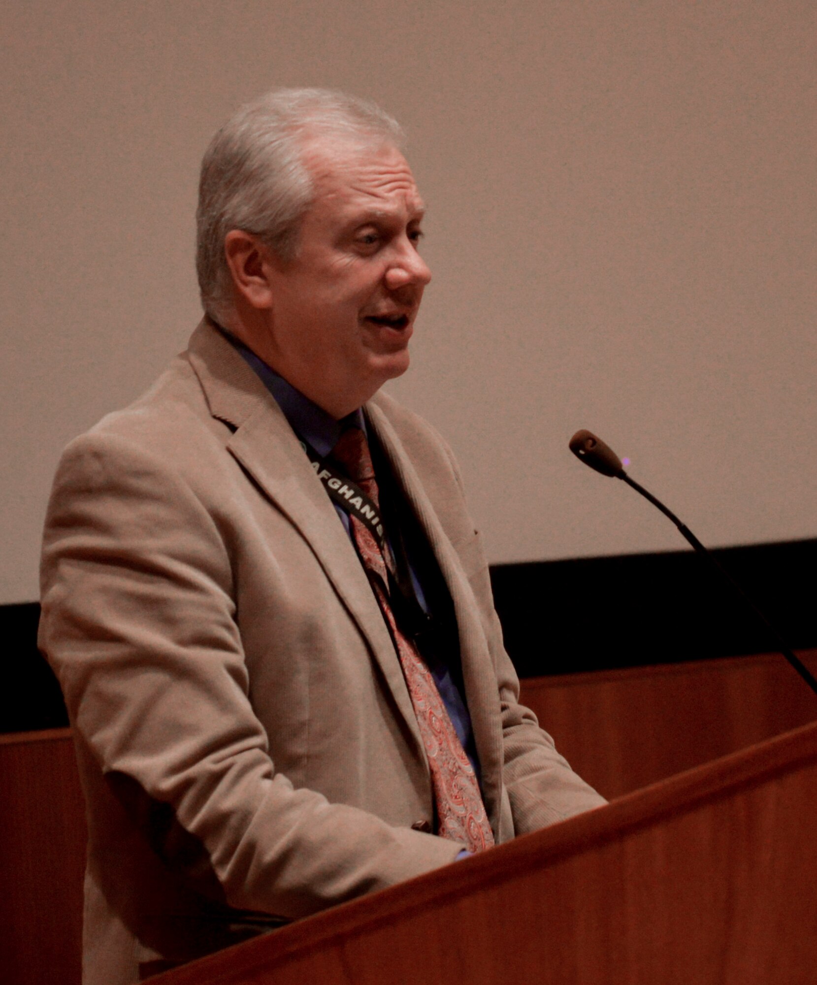 Rob Young, National Air and Space Intelligence Center historian, gives opening remarks during the Native American Indian Heritage Month celebration here, Nov. 28, 2017. Young honored Native Americans military members and the impacts they made on past and present military forces. (U.S. Air Force Senior Airman Samuel Earick/Released)