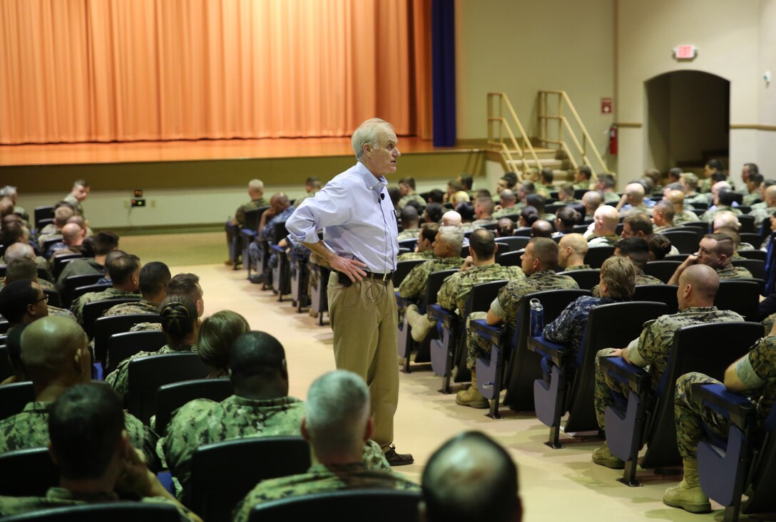 Secretary of the Navy Richard V. Spencer, speaks with Marines and Sailors during his visit to MacDill Air Force Base.