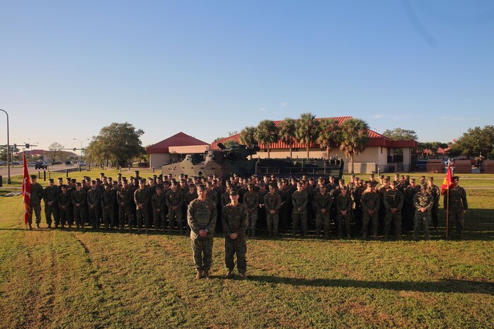 Lt. Gen. William D. Beydler, commander, U.S. Marine Corps Forces Central Command, and Sgt. Maj. William T. Thurber, MARCENT Sergeant Major, stand front and center of the command formation during the MARCENT Annual Marine Corps Birthday hike.