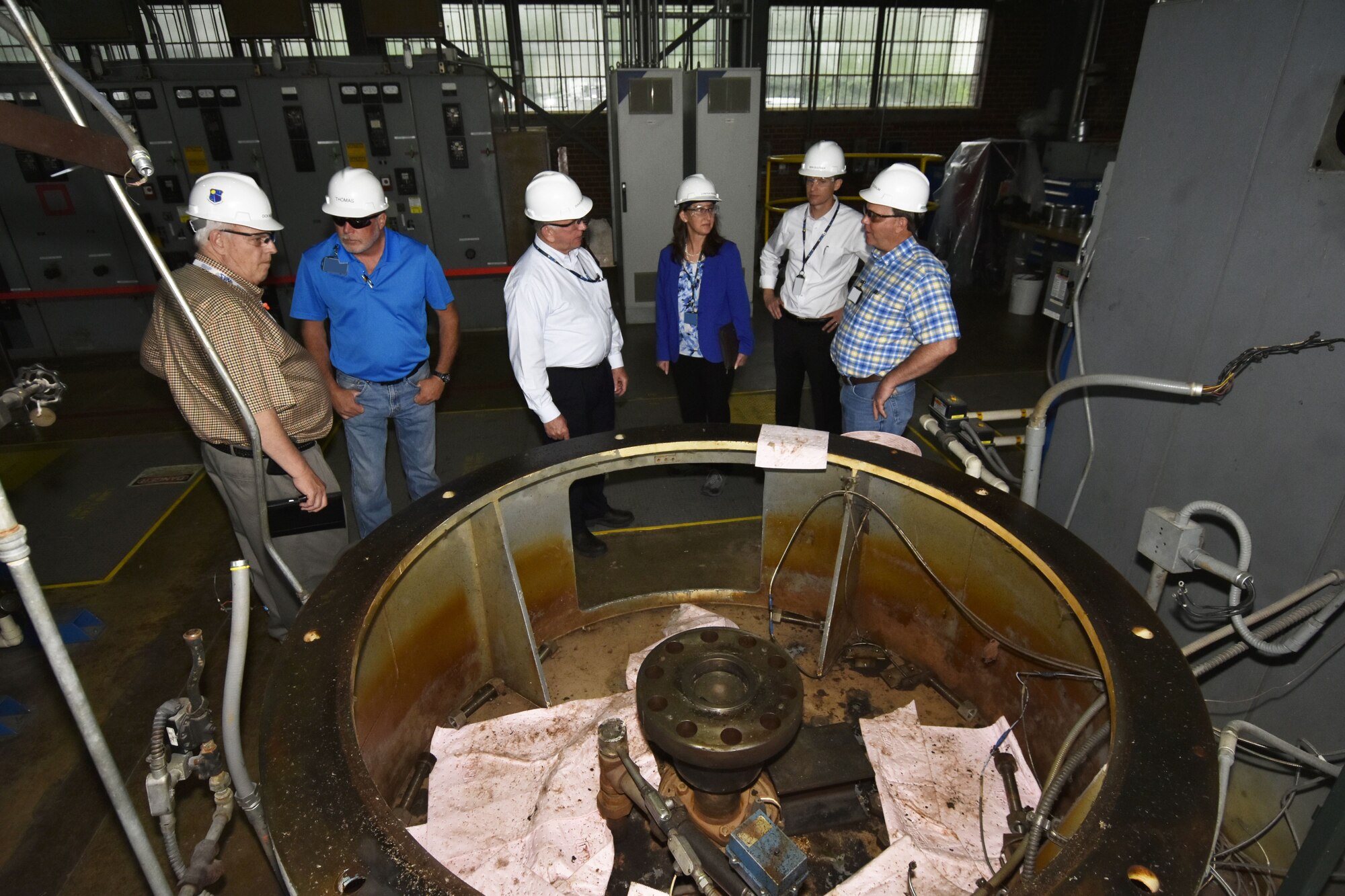 A Safety Walk-thru is underway at the Arnold Air Force Base Primary Pumping Station. Pictured from left are: NAS Safety, Health & Environmental Manager Dick Nugent; NAS Supervisor Bob Thomas; NAS Deputy General Manager Doug Pearson; NAS General Manager Cynthia Rivera; NAS Integrated Resources Director Ben Souther; and NAS Cooling Water System Engineer Jeff Quattlebaum. (U.S. Air Force photo/Rick Goodfriend)
