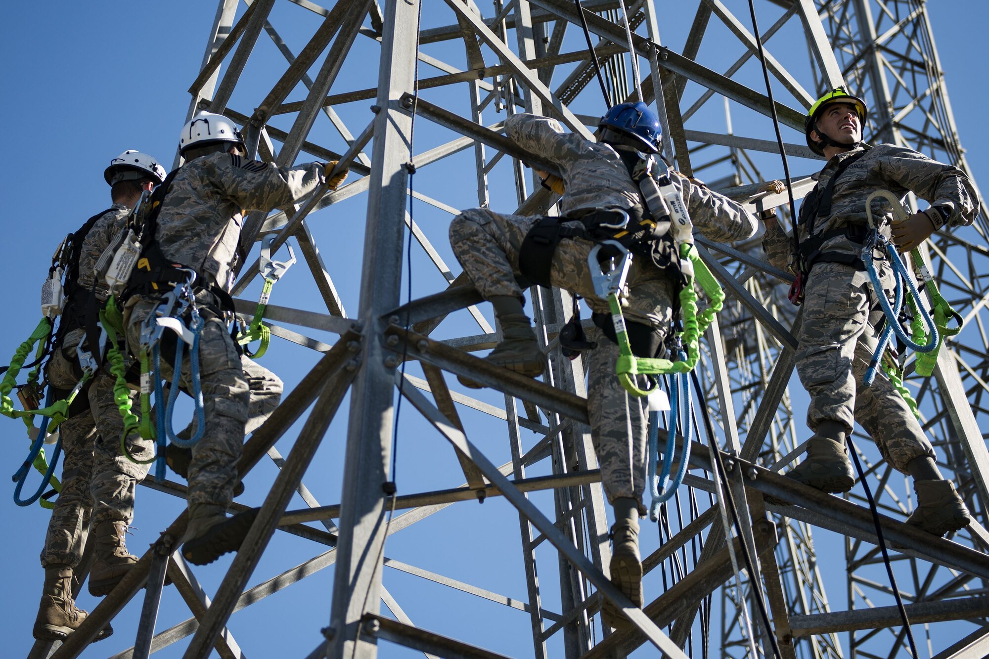 Team Moody Airmen and 23d Wing leadership climb a radio antenna tower during an immersion tour, Dec. 11, 2017, at Moody Air Force Base, Ga. Moody leadership visited the radar, airfield and weather systems facility to familiarize themselves with the 23d Operations Support Squadron’s duties and to gain a better understanding of how they impact the mission. (U.S. Air Force photo by Airman 1st Class Erick Requadt)