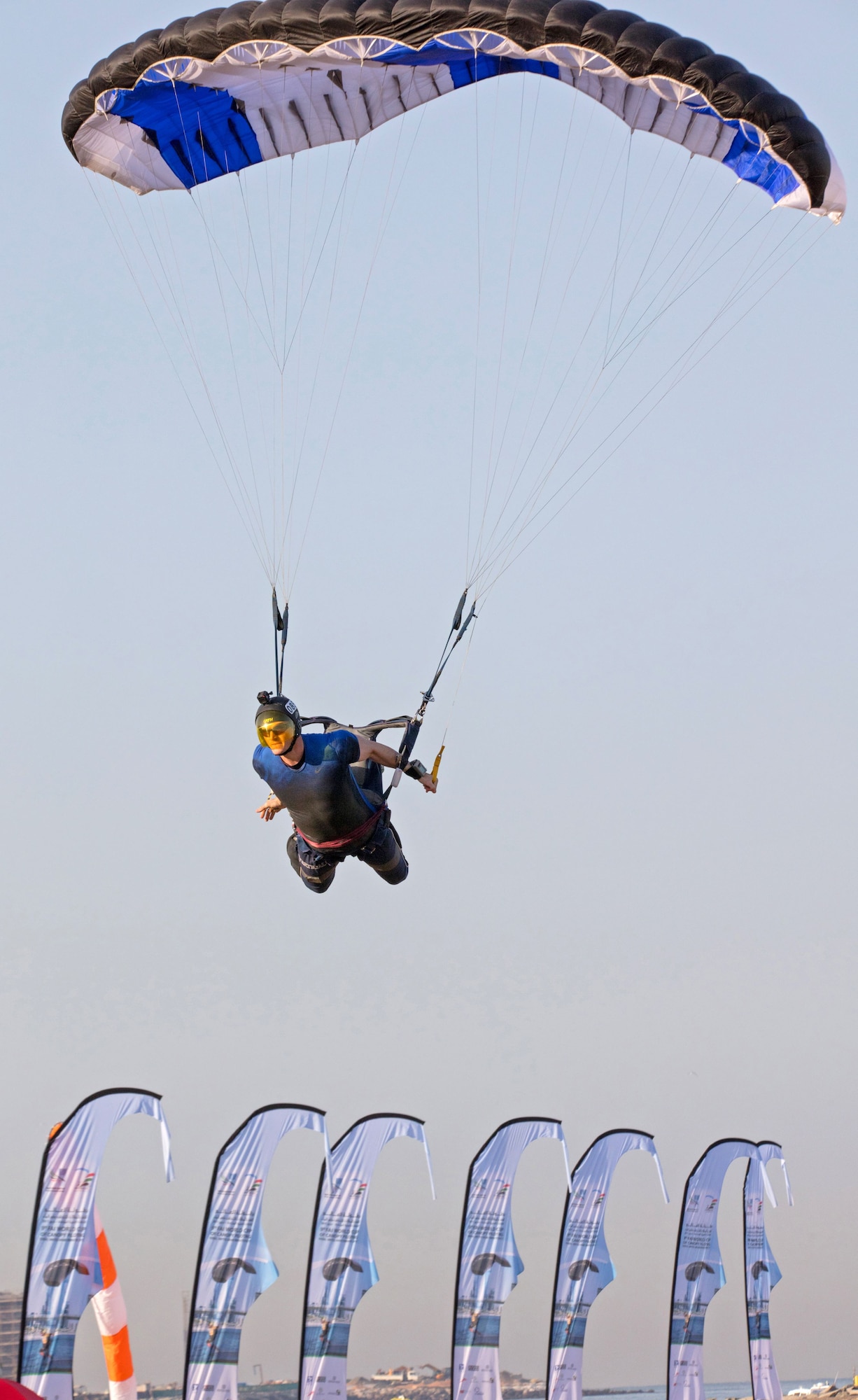 Maj. Matthew Shull, 6th Space Operations Squadron, comes in for a landing during the 9th World Cup of Canopy Piloting's distance event in Dubai, United Arab Emirates, Dec. 1, 2017.