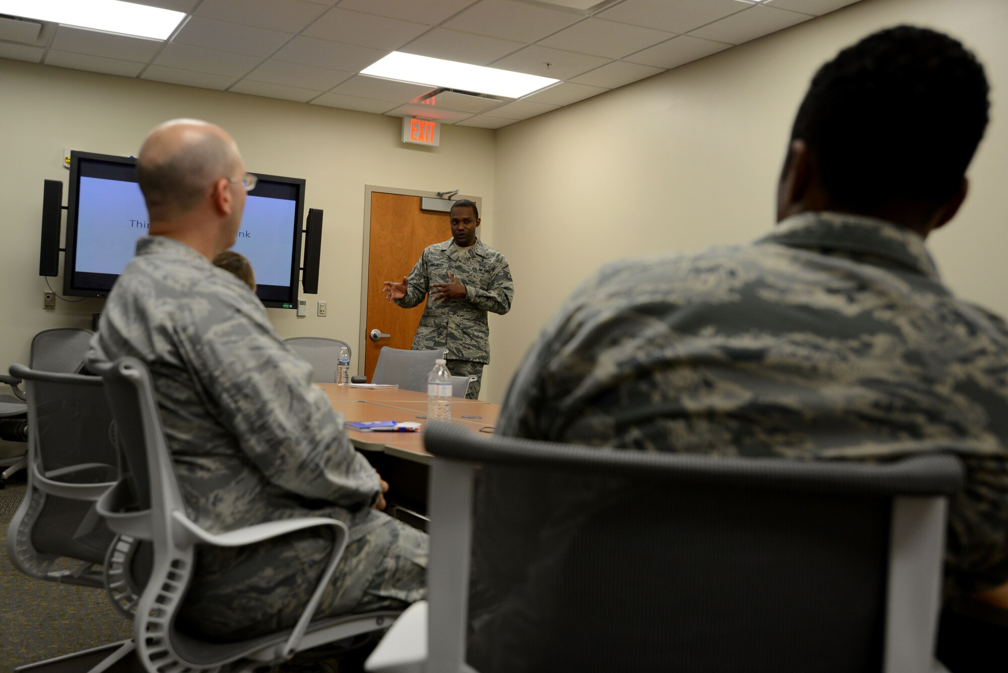 U.S. Air Force Master Sgt. Jerome Seleman, 20th Medical Group Mental Health Flight flight chief, gives a simulated briefing on the effects of alcohol consumption at Shaw Air Force Base, S.C., Dec. 4, 2017.