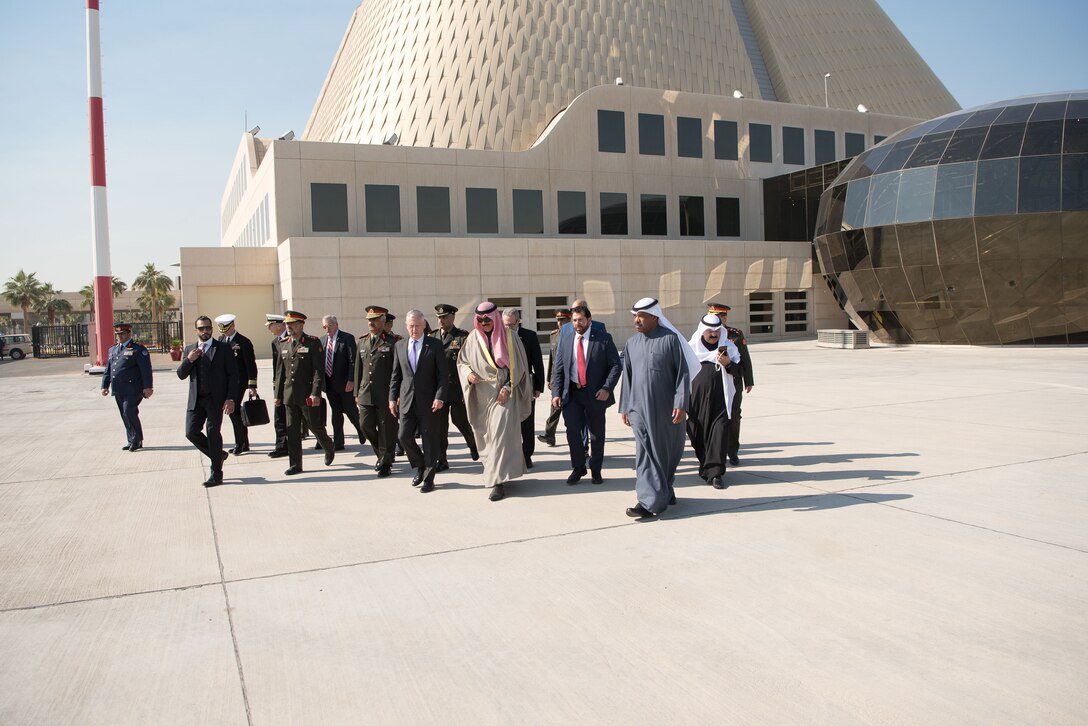 Defense Secretary James N. Mattis walks with the Minister of Defence for Kuwait Mohammad Khalid Al Hamad Al Sabah following a meeting with the Emir of Kuwait, Sabah Al-Ahmad Al-Jaber Al-Sabah, Kuwait City, Kuwait on Dec. 5, 2017. Secretary Mattis is traveling to Egypt, Jordan, Pakistan and Kuwait to re-affirm the enduring U.S. commitment to partnerships in the Middle East, West Africa and South Asia. (DoD photo by Army Sgt. Amber I. Smith)