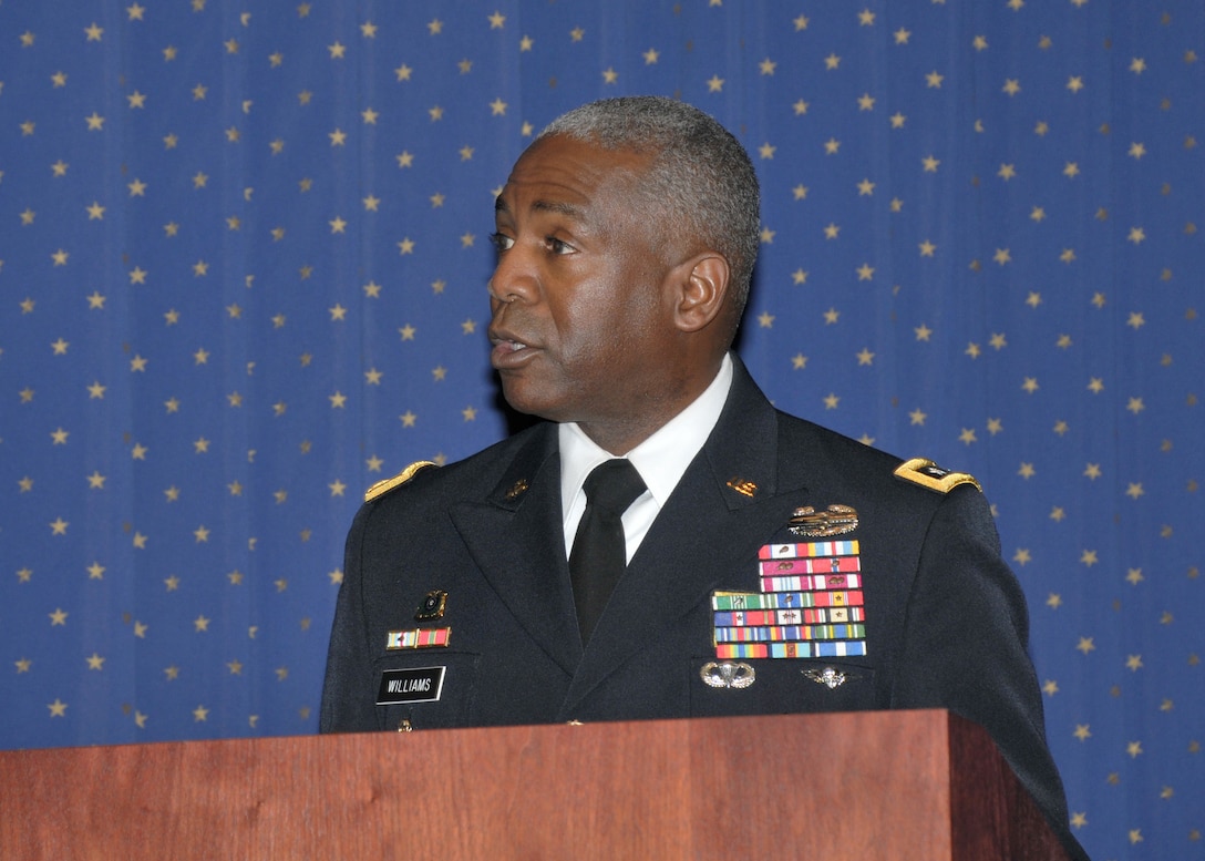 DLA Director Army Lt. Gen. Darrell Williams addresses awardees and audience members Dec. 12, 2017, at the 50th annual DLA Employee Recognition Awards Ceremony.
