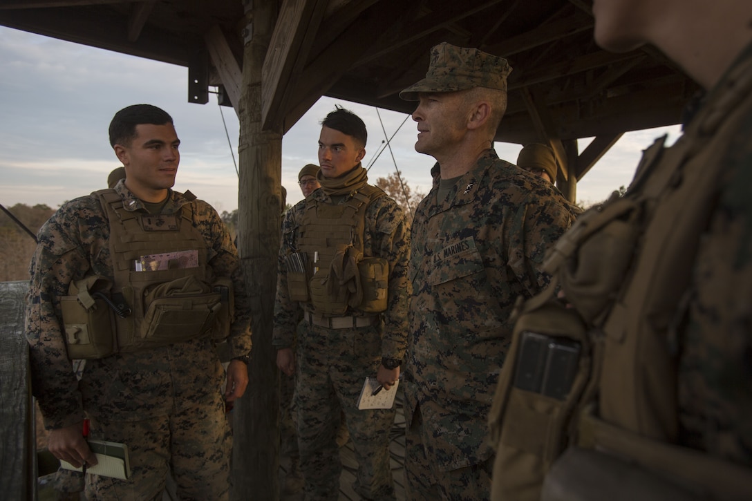 Maj. Gen. John Love speaks with Marines during his visit with 2nd Battalion, 8th Marine Regiment during the unit’s deployment for training exercise at Fort A.P. Hill, Va., Dec. 4, 2017. The visit allowed Love to observe the battalion’s readiness for an upcoming deployment to Japan. Love is the commanding general of 2nd Marine Division. (U.S. Marine Corps photo by Lance Cpl. Ashley McLaughlin)