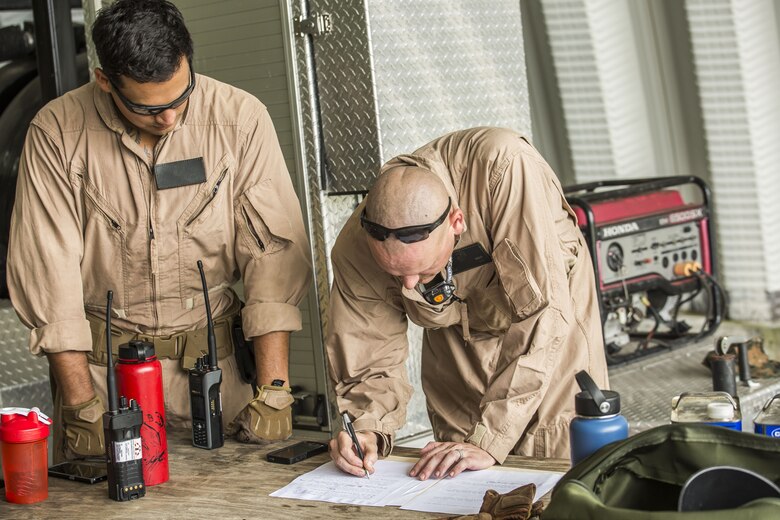 Sergeant Stephen Gomez, left and Gunnery Sergeant Vance Bercot, right review steps in the inerting process of an M72-A7 Law while conducting inerting training aboard Marine Corps Air Station Beaufort , July 25. Explosive Ordnance Disposal Marines held the inerting process as part of their quarterly training. Gomez and Bercot are both EOD technicians with EOD, MCAS Beaufort.