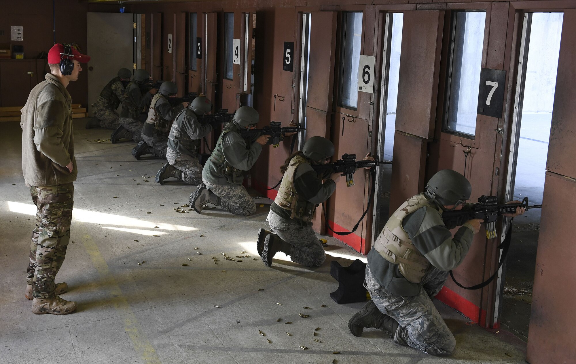 Combat arms instructors are security forces personnel who train military members on proper weapon use. These instructors teach up to three classes a day, with an average of 20 students in each class. Safety is vital when firing a weapon and when the instructors are out on the line with students, they take every precaution to ensure everyone leaves unharmed.