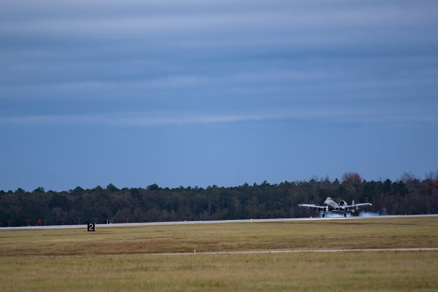 An A-10C Thunderbolt II touches down on the flightline, Dec. 8, 2017, at Moody Air Force Base, Ga. Team Moody uses this style of refueling to eliminate the need of extra maintenance and to extend pilot’s training time per flight. (U.S. Air Force photo by Senior Airman Daniel Snider)