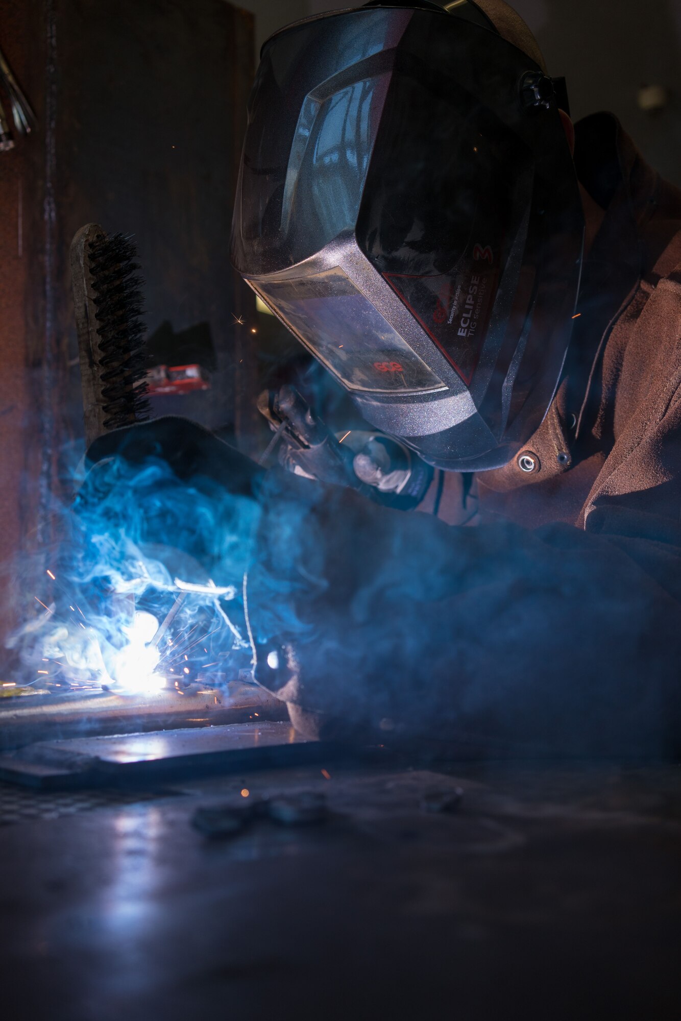 U.S. Air Force Master Sgt. Tyler Harrison, a structures craftsman with the 116th Air Control Wing (ACW), 116th Civil Engineer Squadron (CES), Georgia Air National Guard (GANG), practices stick welding during United States Air Forces Europe (USAFE) Silver Flag 2017 at Ramstein Air Base, Germany, June 8, 2017.