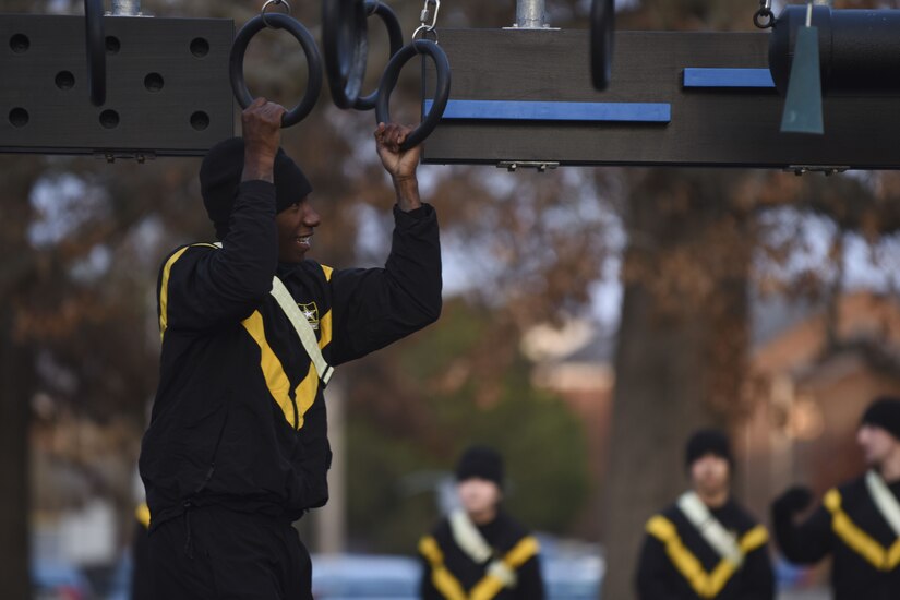 Soldiers gathered outside of Anderson Field House at Fort Eustis for the unveiling of their new obstacle course known as the Battle Rig, Dec. 12.