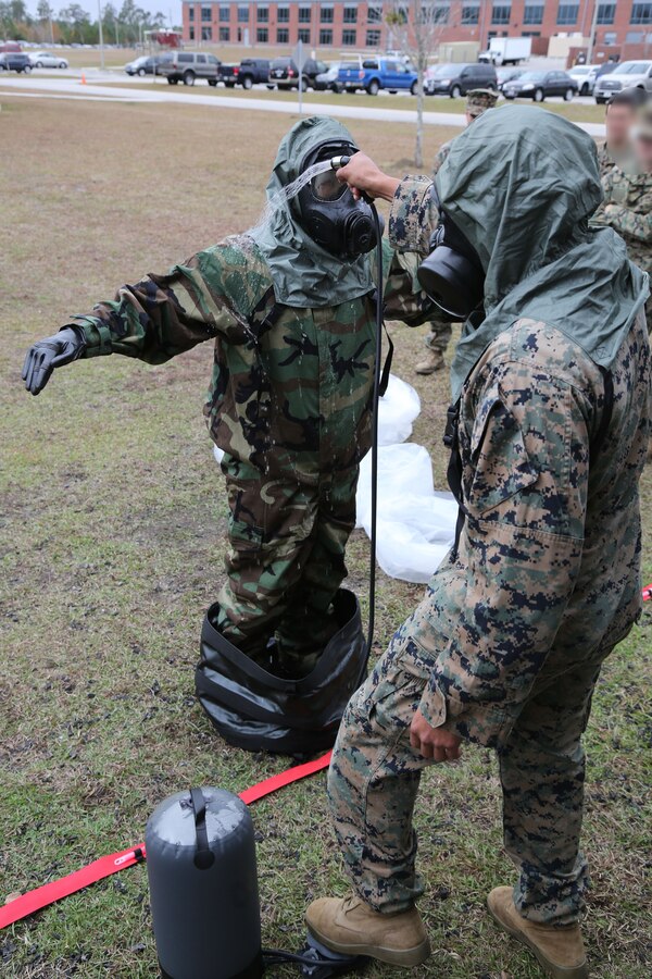 Marines and Sailors with U.S. Marine Corps Forces, Special Operations Command, work to decontaminate a simulated chemical contact victim during a medical management of chemical and biological causalties training exercise at Stone Bay on Marine Corps Base Camp Lejeune, N.C., Dec. 6, 2017.  Raiders received hands-on training in casualty treatment, casualty evacuation and decontamination procedures in a chemical weapons attack scenario. (U.S. Marine Corps photo by Sgt. Salvador R. Moreno, released)