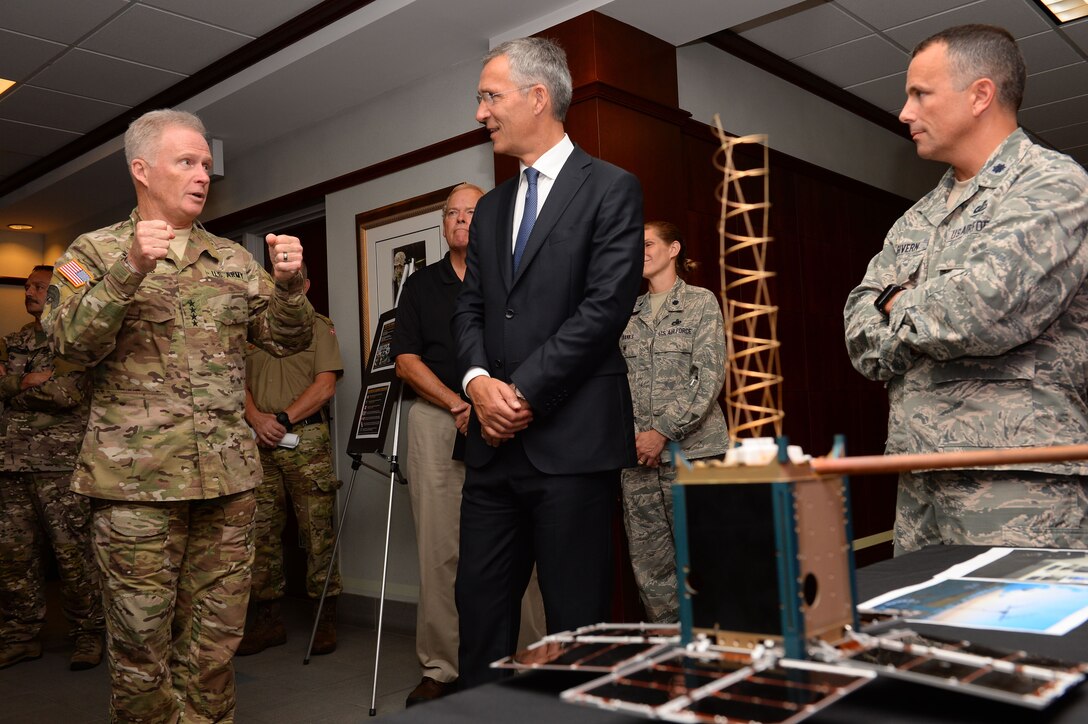 Army Gen. Raymond A. Thomas III, commander of U.S. Special Operations Command, briefs NATO Secretary General Jens Stoltenberg.