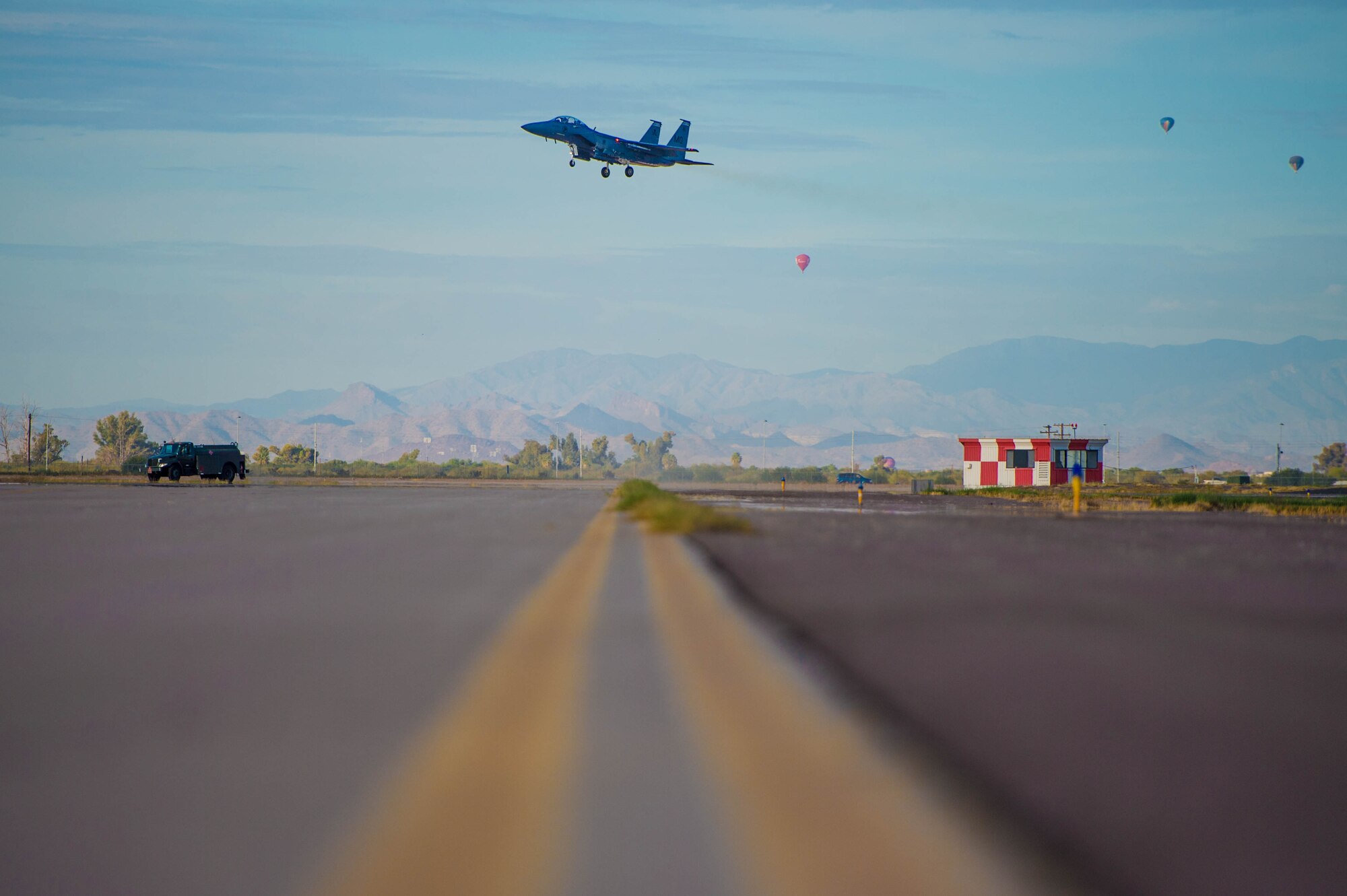 A Republic of Singapore F-15SG Eagle, assigned to the 428th Fighter Squadron, lands at Luke Air Force Base, Ariz., Dec. 2, 2017. The 428th FS, from Mountain Home Air Force Base, Idaho, was participated in Exercise Forging Sabre, a two-week, large group exercise providing high-end training to Singapore and U.S. armed forces. (U.S. Air Force photo/Staff Sgt. Jensen Stidham)