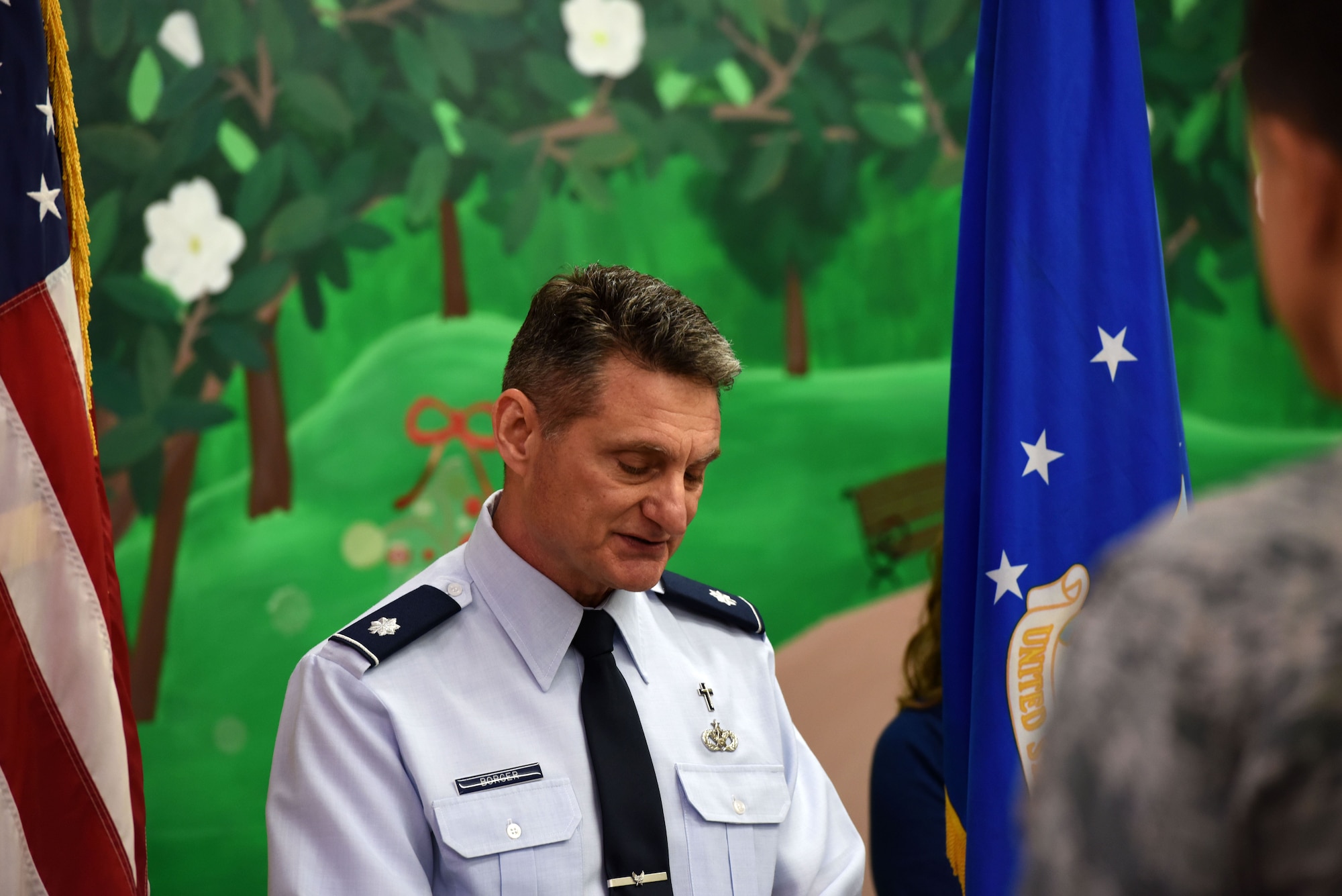 U.S. Air Force Lt. Col. Robert Borger, 17th Training Wing chaplain, gives the invocation at the ribbon cutting ceremony for the new Resiliency Center at Goodfellow Air Force Base, Texas, Dec. 11, 2017. The new Resiliency Center will be used for multiple classes and events related to comprehensive Airmen fitness. (U.S. Air Force photo by Airman 1st Class Seraiah Hines/Released)