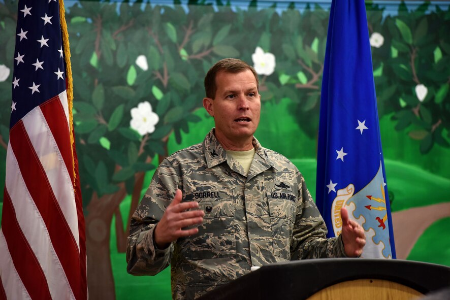 U.S. Air Force Col. Jeffrey Sorrell, 17th Training Wing vice commander, speaks about helping agencies and the many new opportunities the new Resiliency Center will present for Goodfellow members, at Goodfellow Air Force Base, Texas Dec. 11, 2017. The Resiliency center was a collaborative effort of the Community Action Team and volunteers across the base. (U.S. Air Force photo by Airman 1st Class Seraiah Hines/Released)
