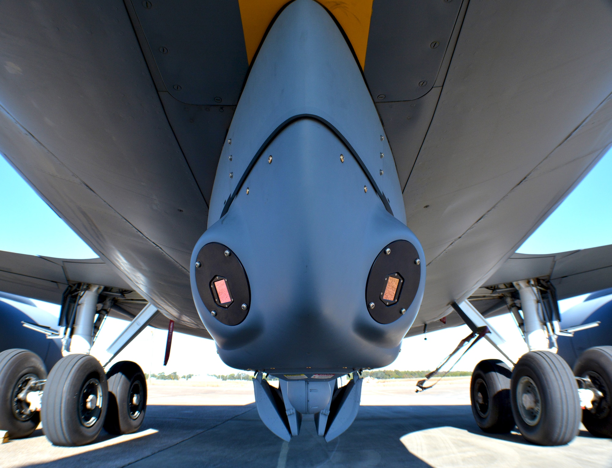 A Large Aircraft Infrared Countermeasures system modification pod is attached to the underside of a 507th Air Refueling Wing KC-135R Stratotanker from Tinker Air Force Base, Okla., while parked on the flightline at Eglin AFB, Fla., Nov. 28, 2017. The pod was designed to be installed or removed within approximately 10 minutes by aircraft maintenance crews. (U.S. Air Force photo/Tech. Sgt. Samantha Mathison)