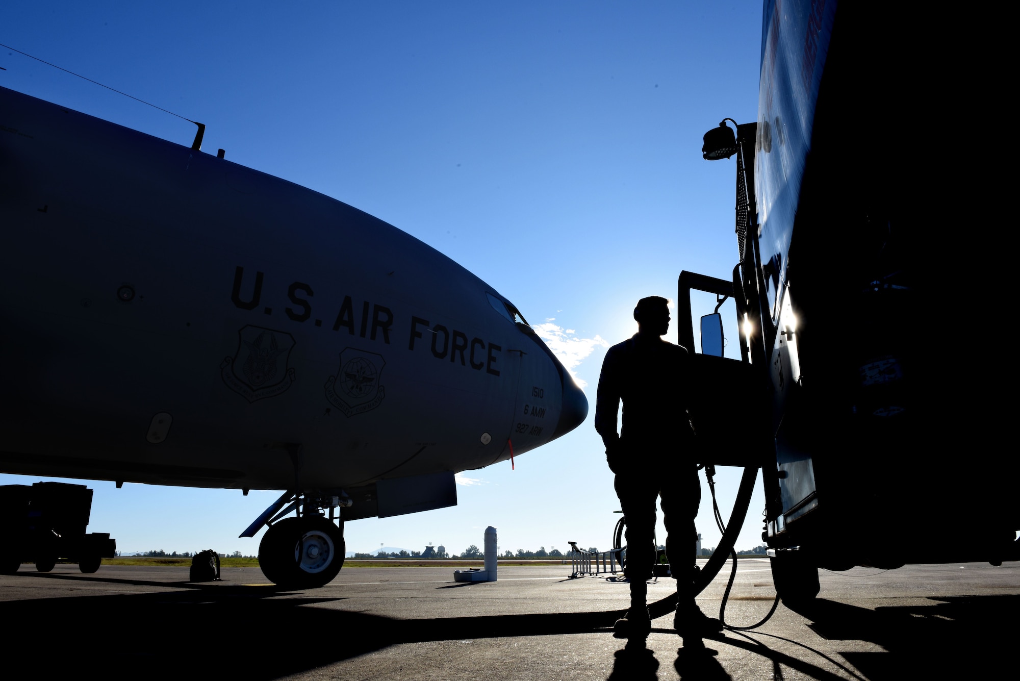 U.S. Air Force Airman Gabriel Rapp, 39th Logistics Readiness Squadron fuels specialist, delivers fuel to a KC-135 Stratotanker Dec. 12, 2017, at Incirlik Air Base, Turkey.  Fuels management Airmen work around the clock to ensure that aircraft can fly in support of Operation Inherent Resolve.  (U.S.  Air Force photo by Senior Airman Kristan Campbell)