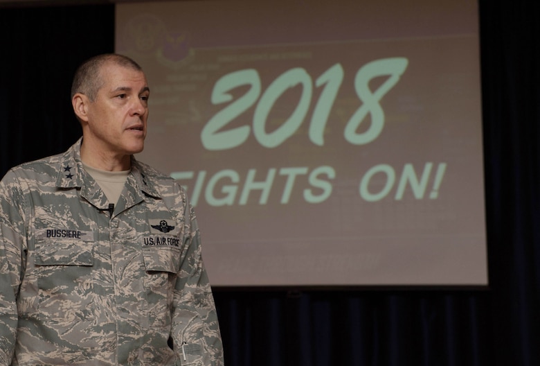 Eighth Air Force and J-GSOC commander Maj. Gen. Thomas Bussiere speaks to Airmen about bomber operations for 2018 and recaps the past year's successes.
