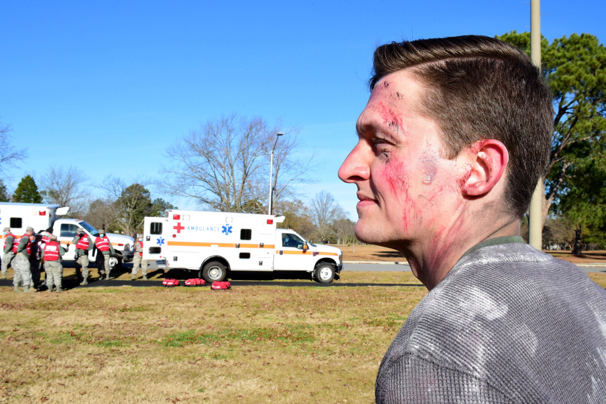 Capt. David Zablocki, 4th Medical Group practice manager, roleplays as a victim during a mass casualty exercise Dec. 13, 2017, at Seymour Johnson Air Force Base, North Carolina.