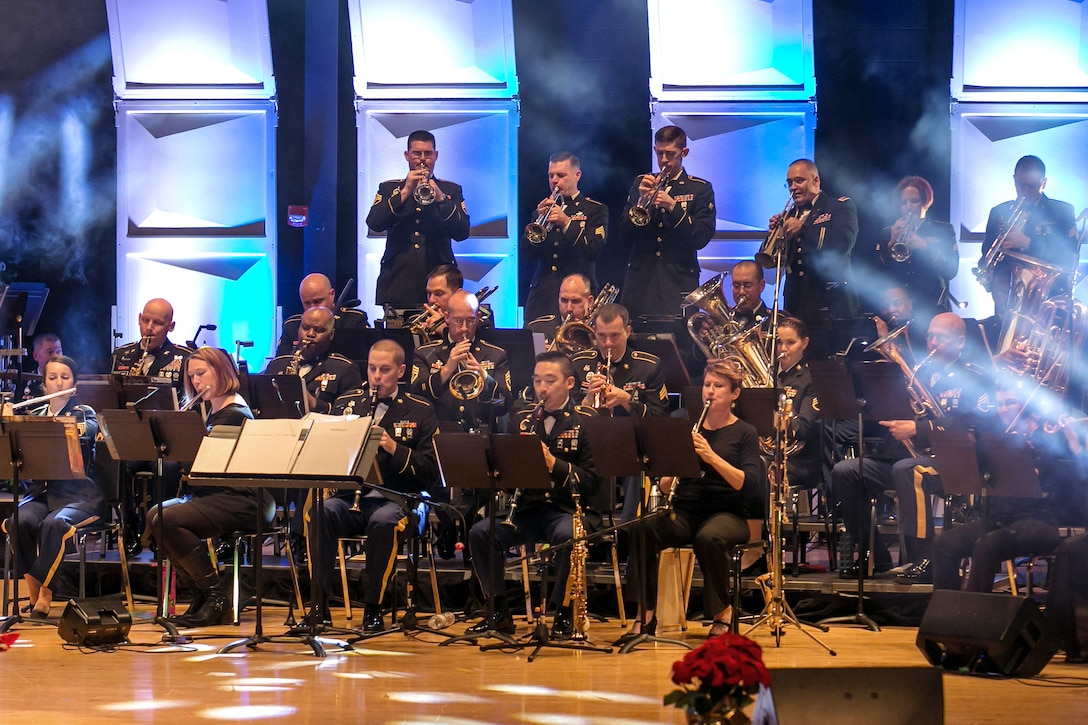 Soldiers assigned to the Army Materiel Command’s band perform during their holiday concert.