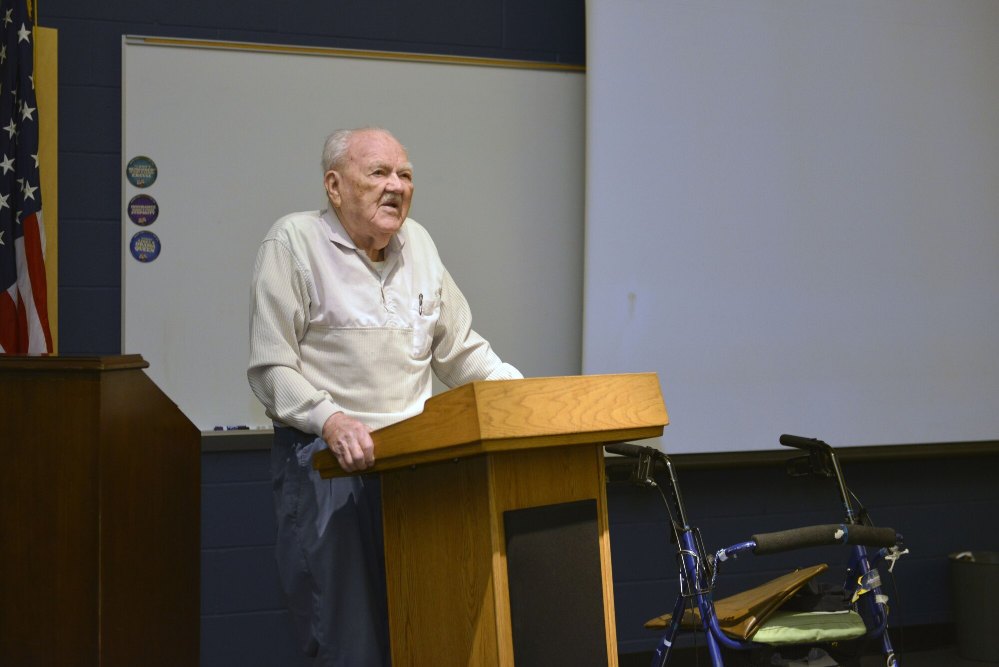 Iver Anderson, a World War II U.S. Coast Guard veteran, was invited to Minneapolis-St. Paul Air Reserve Station, Minn., Dec. 10, 2017, to speak to service members about his experiences during the war. According to the U.S. Department of Veterans Affairs Anderson is one of 16 million Americans who served during the war and only one of approximately 558,000 who is still alive today. (U.S. Air Force Photo by Staff Sgt. Amber E. N. Jacobs)