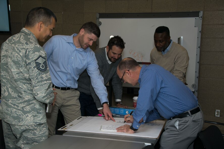 Students from the multiple agencies involved in the Aviation Domain Awareness Training Course brainstorm during an exercise at Goodfellow Air Force Base, Texas, Dec. 8, 2017. The week long course taught individuals from multiple agencies about the various threats and security systems in place to prevent any type of aviation threat that may arise in the future. (U.S. Air Force photo by David Lynch /Released)