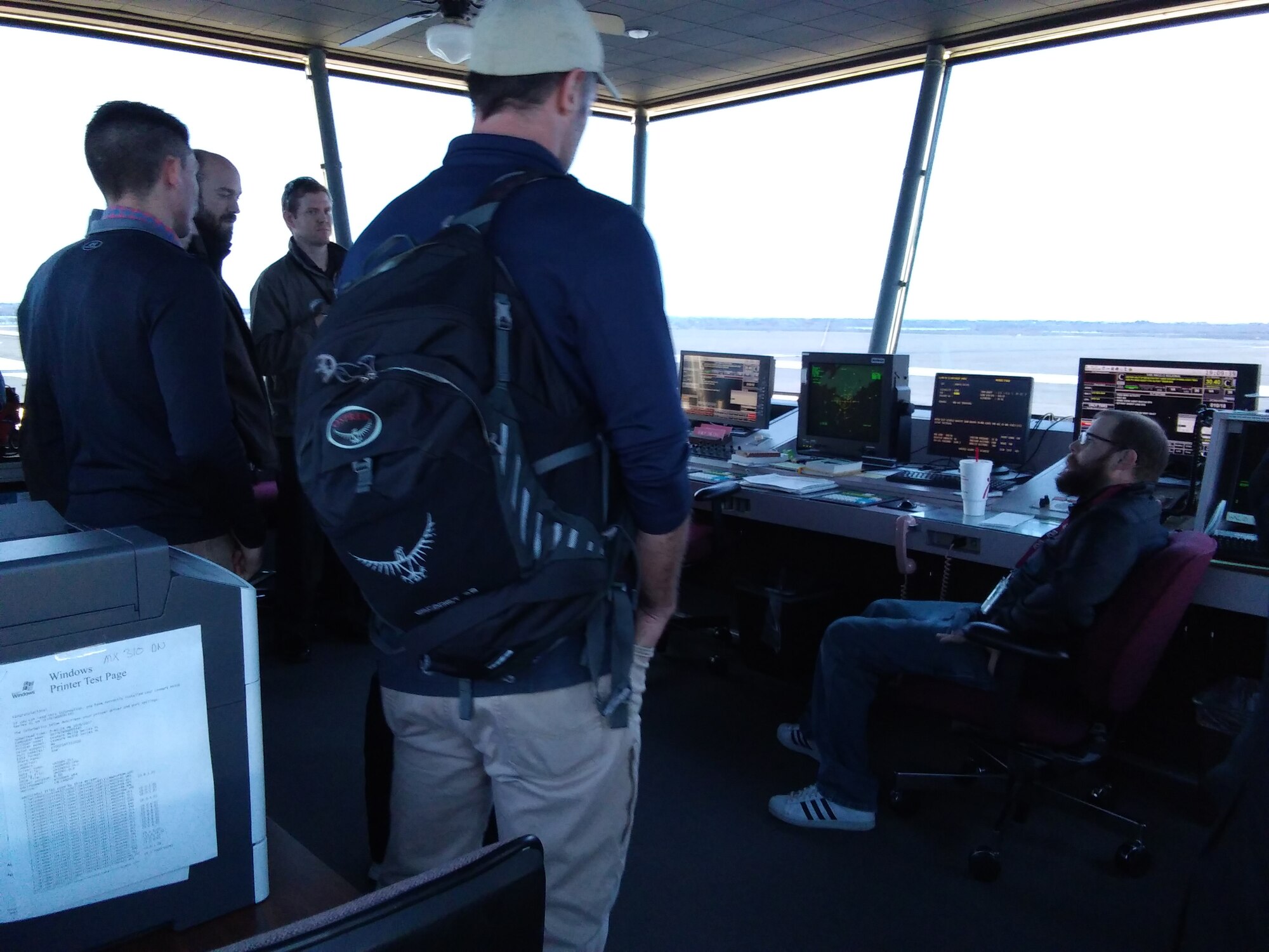 Students from multiple agencies attending the Aviation Domain Awareness Course visit the air traffic control tower at Mathis Airfield, San Angelo, Texas Dec. 7, 2017. Here the students received a rare first-hand look at how Air Traffic Controllers de-conflict inbound and outbound aircraft to ensure streamlined flight operations. (U.S. Air Force photo by Capt. Jacob Ewing/Released)