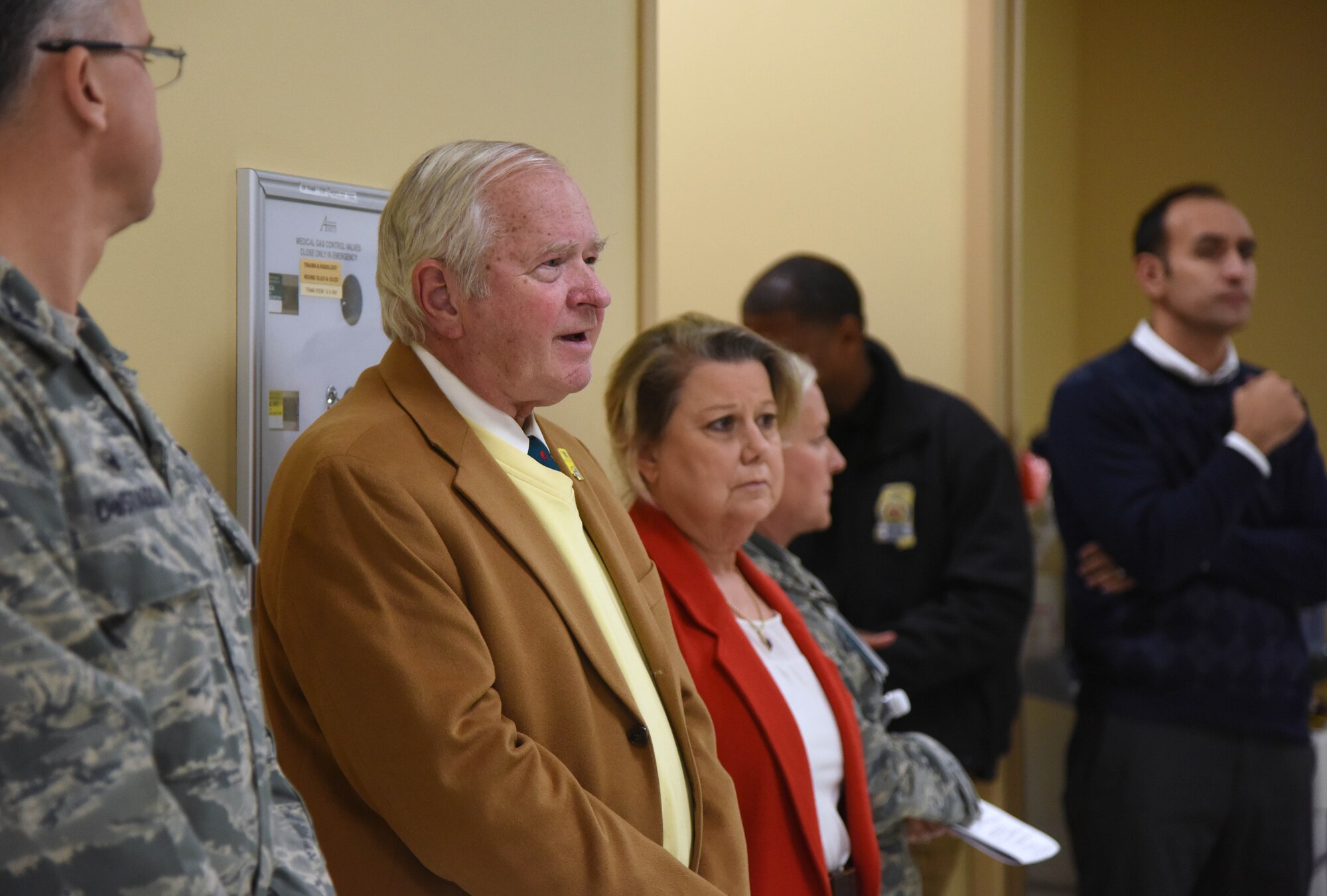 Frank Genzer, Keesler Emeritus Honorary Commander, asks questions during a Keesler honorary commanders’ tour at the Keesler Medical Center Dec. 12, 2017, on Keesler Air Force Base, Mississippi. The honorary commander program is a partnership between base leadership and local civic leaders to promote strong ties between military and civilian leaders. (U.S. Air Force photo by Kemberly Groue)