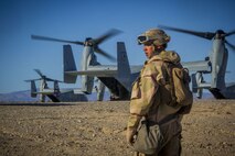 A U.S. Marine with 2nd Battalion, 5th Marine Regiment, 1st Marine Division, prepares to depart a landing strip during exercise Steel Knight 2018 at Marine Corps Air Ground Combat Center, Twentynine Palms, Calif., Dec. 7, 2017.