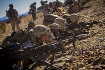 U.S. Marines with 2nd Battalion, 5th Marine Regiment, 1st Marine Division, provide cover fire during an air assault, part of exercise Steel Knight 2018 at Marine Corps Air Ground Combat Center, Twentynine Palms, Calif., Dec. 7, 2017.
