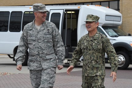 U.S. Navy Adm. Harry Harris, commander of U.S. Pacific Command (USPACOM), speaks with U.S. Air Force Gen. John Hyten, commander of U.S. Strategic Command (USSTRATCOM), on the USSTRATCOM missile deck during his visit to Offutt Air Force Base, Neb., Dec. 14, 2017. Harris met with Hyten and other senior leaders for discussions on USSTRATCOM operations as they pertain to the USPACOM area of responsibility. They also discussed collaboration and integration between combatant commands during exercise and real-world scenarios. Engagements like these support USSTRATCOM’s efforts to maintain close relationships with other combatant commands to deter adversaries and assure allies. Maintaining a combat-ready force, one of Hyten’s three priorities, and training exercises like the upcoming Global Lightning are crucial to ensuring USSTRATCOM and its components are prepared to deliver a decisive response should they be called upon to do so. These efforts support USSTRATCOM’s top priority; to provide strategic deterrence using tailored nuclear, cyber, space, global strike, joint electronic warfare, missile defense, and intelligence capabilities.