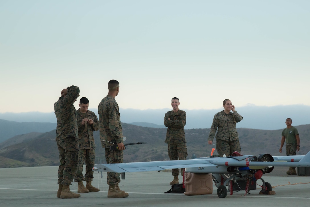 U.S. Marines with Marine Unmanned Aerial Vehicle Squadron 4, Marine Aircraft Group 41, Marine Forces Reserve prepare to launch the RQ-7 Shadow Tactical Unmanned Aircraft System on Camp Pendleton, Calif., August 19th, 2017.
