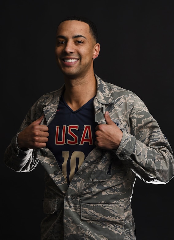 Technical Sgt. Corey Rucker, 20th Air Force facility maintenance section lead, poses in his team USA basketball jersey at F.E. Warren Air Force Base, Wyo., Dec. 14, 2017. Rucker played for the 2017 U.S. Armed Forces Men’s Basketball Team and won gold at the SHAPE International Basketball Tournament in Europe.