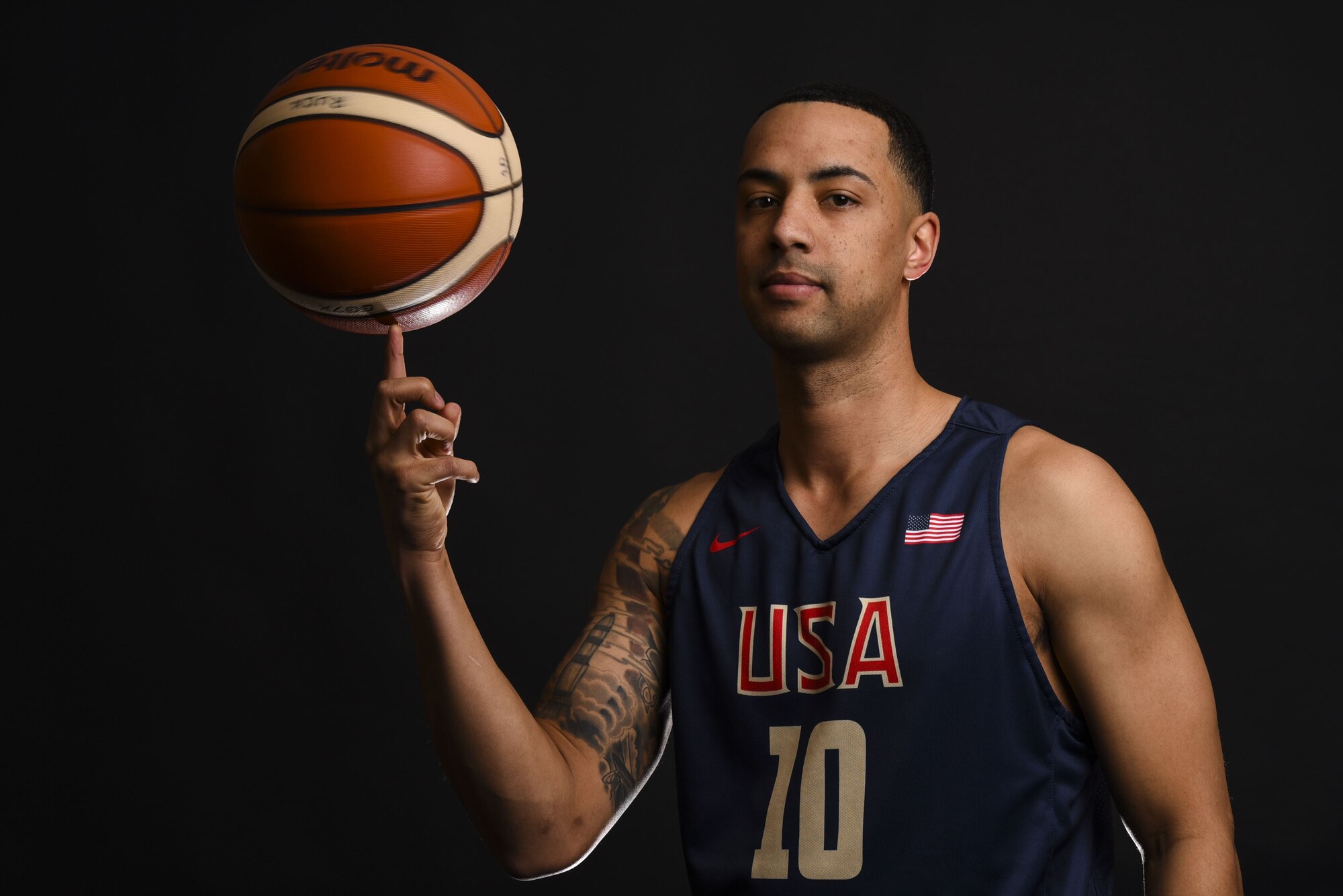 Technical Sgt. Corey Rucker, 20th Air Force facility maintenance section lead, shows off his basketball skills at F.E. Warren Air Force Base, Wyo., Dec. 14, 2017.  Rucker played for the 2017 U.S. Armed Forces Men’s Basketball Team and won gold at the SHAPE International Basketball Tournament in Europe.