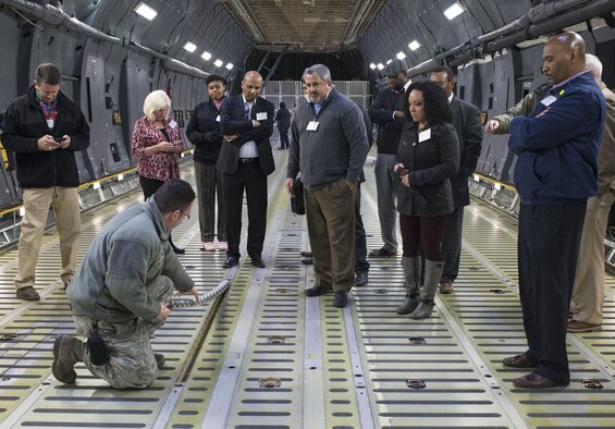 The senior leaders also recieved a mission brief and toured a C-5M Super Galaxy aircraft where they walked through the cargo hold, troop compartment, and flight deck.
