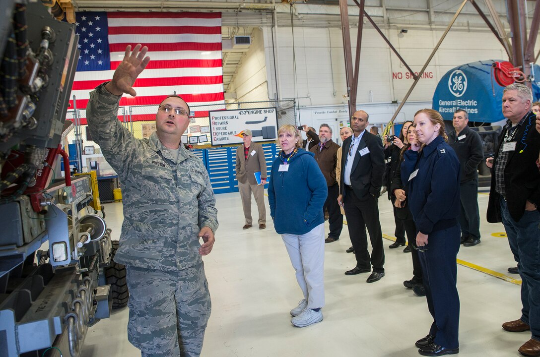 The senior leaders also recieved a mission brief and toured a C-5M Super Galaxy aircraft where they walked through the cargo hold, troop compartment, and flight deck.