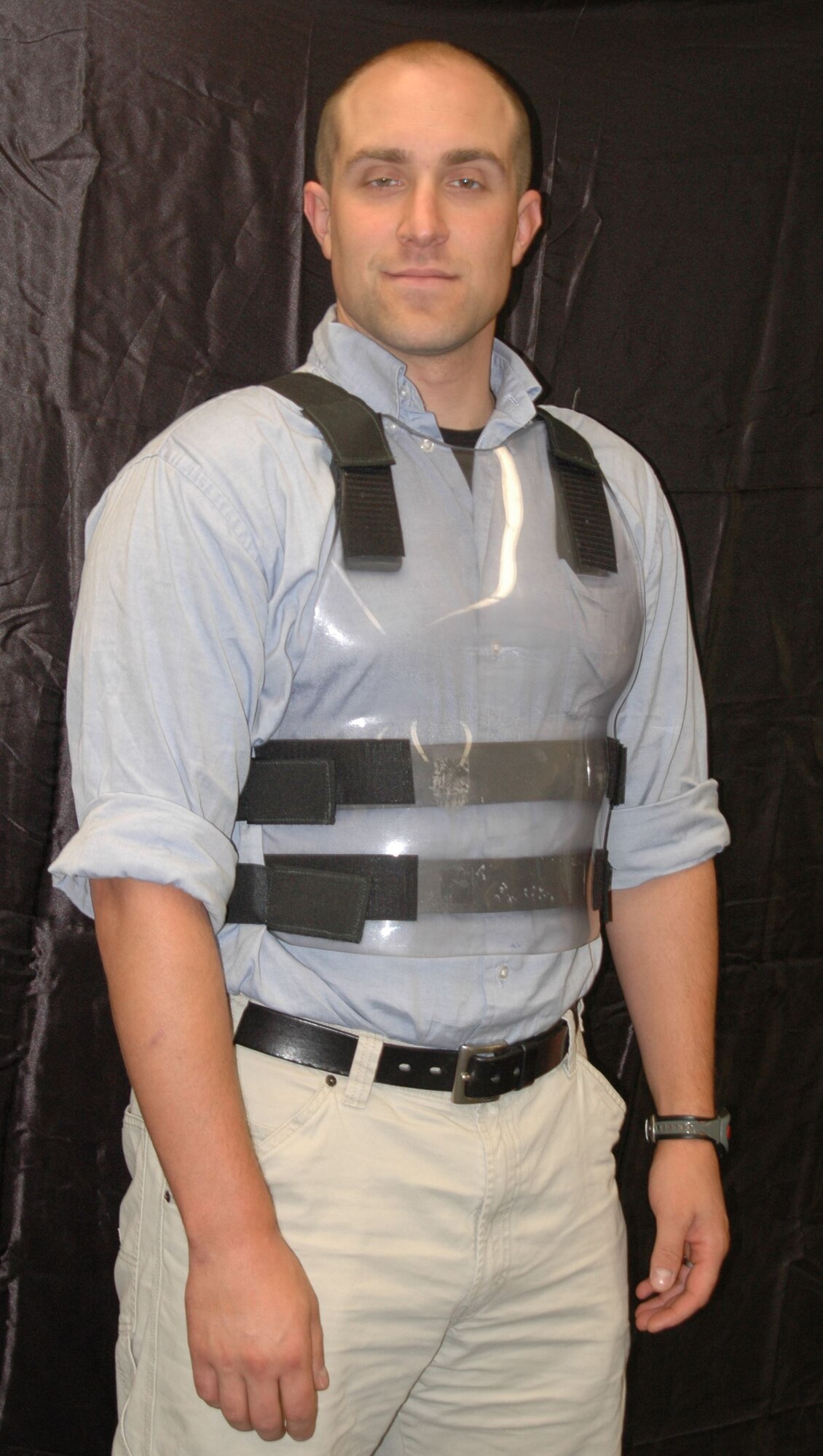 AFRL materials engineer and author TJ Turner models vest prototype