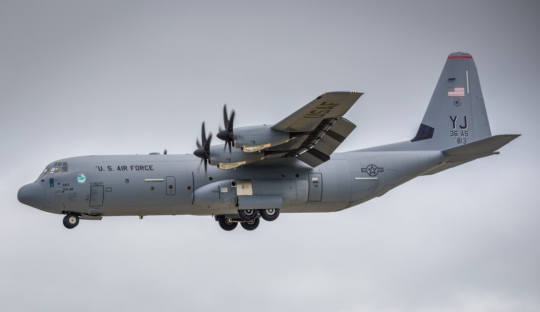 A C-130J Super Hercules lands during Operation Christmas Drop, Dec. 6, 2017, at Andersen Air Force Base, Guam. The mission is supported by the U.S. Air Force, Navy and Coast Guard, and includes members of the Japanese Air Self-Defense Force and Royal Australian Air Force, offering the participating nations a unique airdrop training opportunity. (U.S. Air Force photo by Airman 1st Class Christopher Quail)