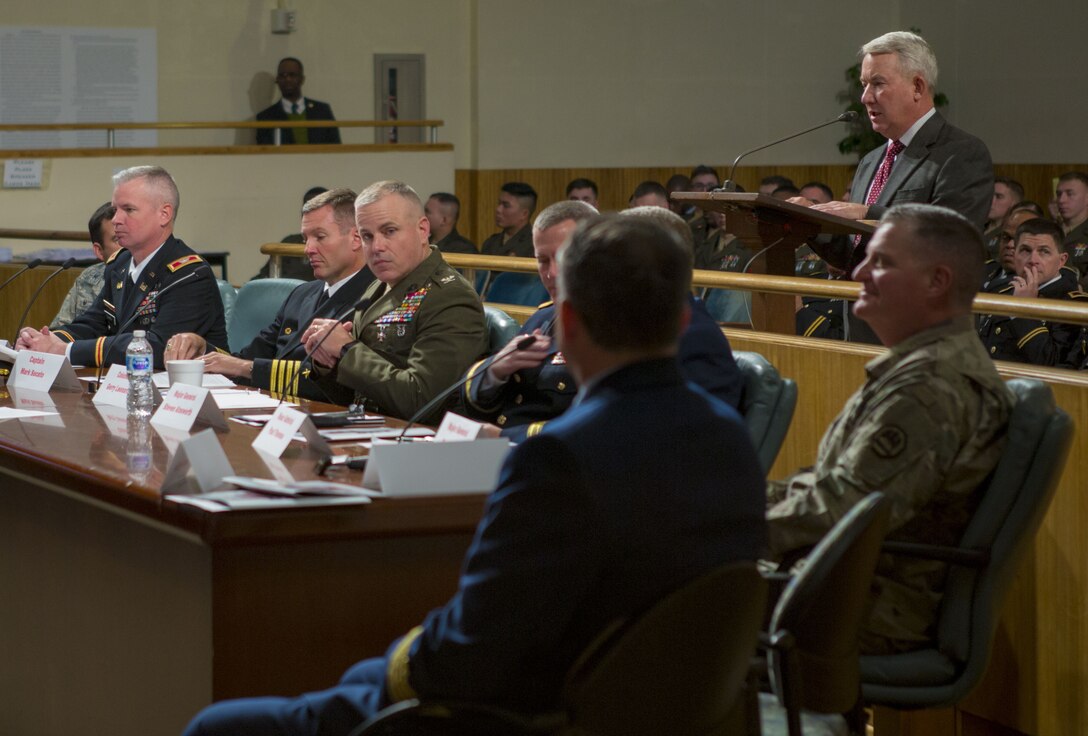 Retired Marine Maj. Gen. David M. Mize, chairman of the Mayor’s Military Advisory Committee, opens the New Orleans Military Appreciation Day ceremony at New Orleans City Hall, Dec. 14, 2017.