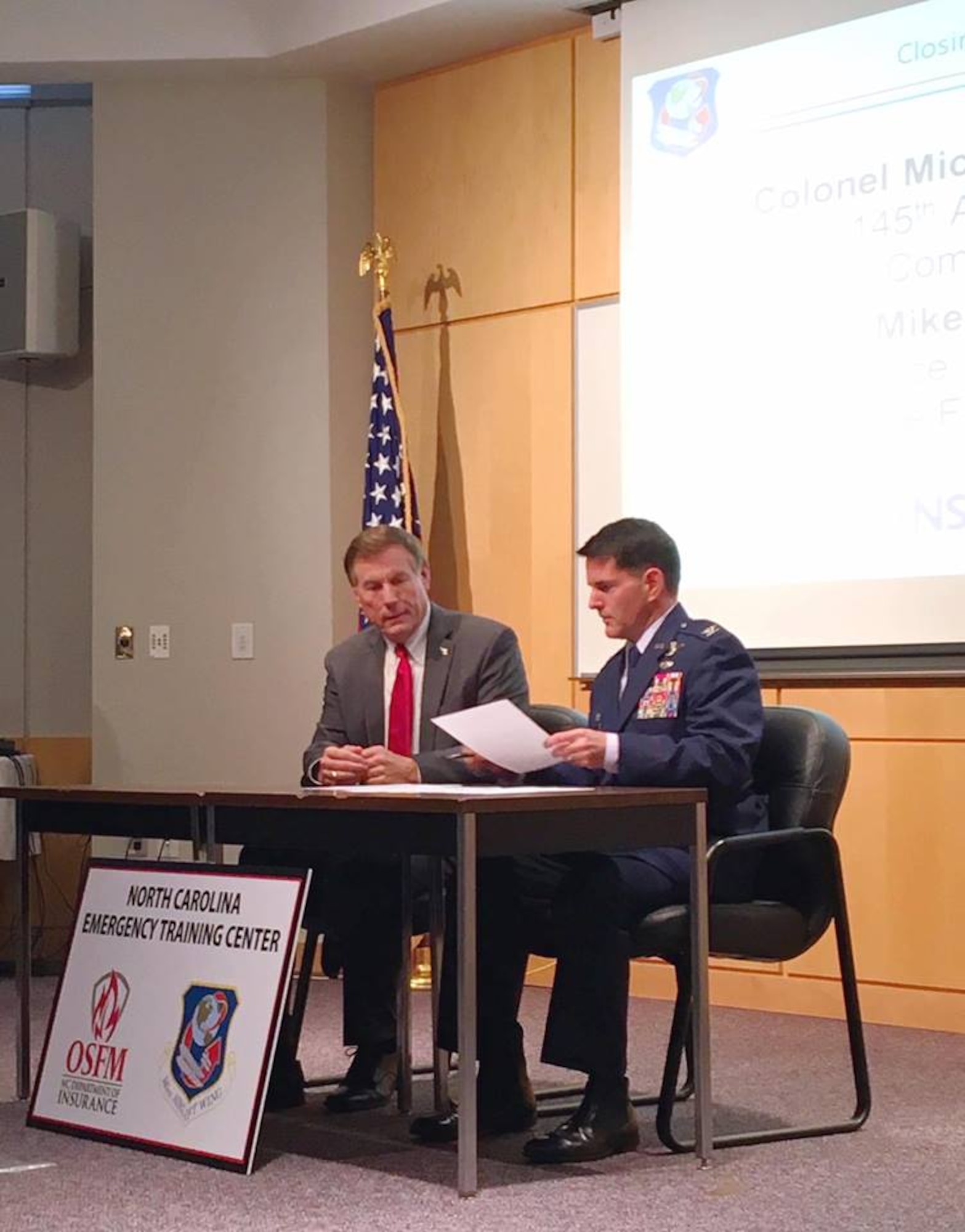 U.S. Air Force Col. Michael "Troy" Gerock announces the Air National Guard partnership with the Office of State Fire Marshal in the construction of a new Emergency Training Center while in Raleigh North Carolina, Dec 7, 2017. The facility will provide a centralized location to be used for advanced fire and emergency training courses.