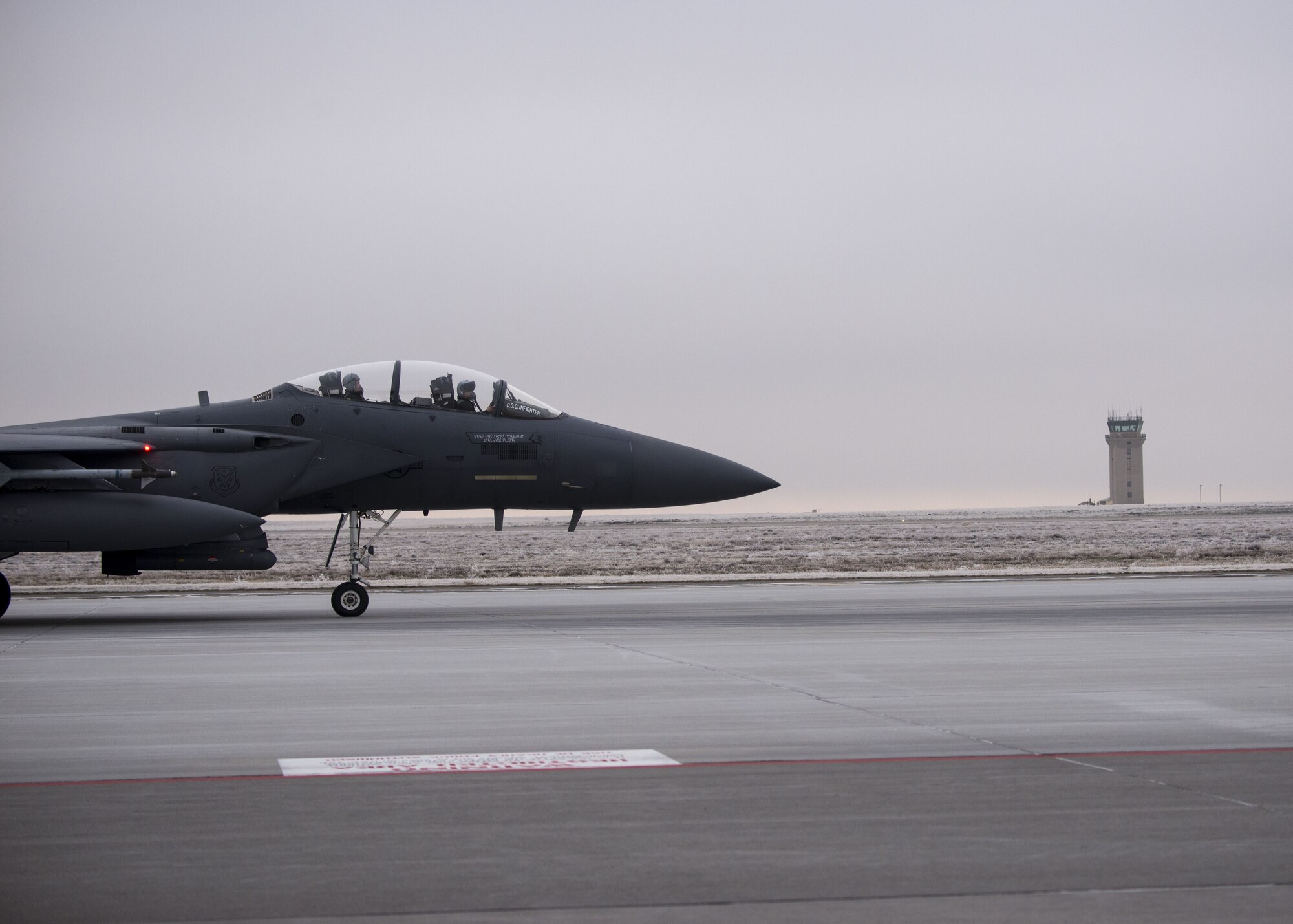 An F-15E Strike Eagle taxis down the runway during Gunfighter Flag 18-1 Dec. 13, 2017, at Mountain Home Air Force Base, Idaho. Gunfighter Flag 18-1 took place Dec. 11-15, simulating joint service operations that might be encountered in a deployed environment. (U.S. Air Force photo by Airman 1st Class Jeremy D. Wolff)