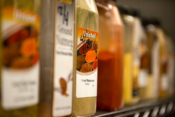 Spices rest on a rack in the Georgia Pines Dining Facility (DFAC), Dec. 12, 2017, at Moody Air Force Base, Ga. Through teamwork, adaption and striving for excellence, the Georgia Pines DFAC Airmen are able to ensure Team Moody is fed and ready to finish the fight. (U.S. Air Force Base photo by Airman 1st Class Erick Requadt)