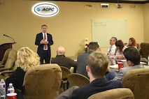 Kevin Stamey, Air Force Sustainment Center executive director, speaks to members of the Tinker Business Industrial Park during their November luncheon. One of the items Stamey discussed was status of the KC-46A Pegasus campus.