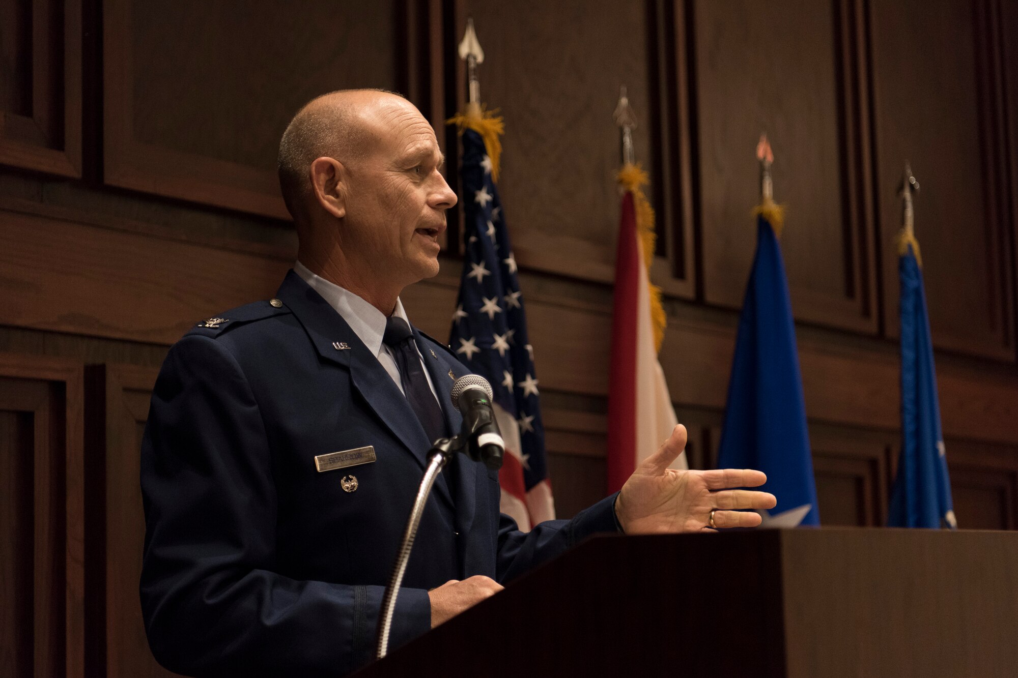 Col Sparrow addresses audience at change of command