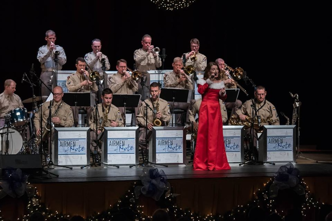 The Airman of Not of the United States Air Force Band perform for a full house at the Davis Theater in Montgomery, Ala., Dec. 13, 2017. In December of 1942, the U.S. was at war, and Capt. Glenn Miller, who was a well-known musician, placed his music career on hold to service in the U.S. Army Air Force. (U.S. Air Force photos by Master Sgt. Chad Randolph.)